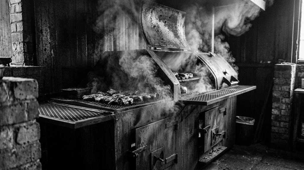 The Smoked pit: an open steel smoker, meat on the grates, smoke hanging in the room.